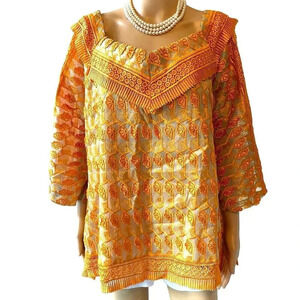 Handmade Traditional 3/4 Sleeves Lace Blouse Top South Asia India Women Sz L-XL